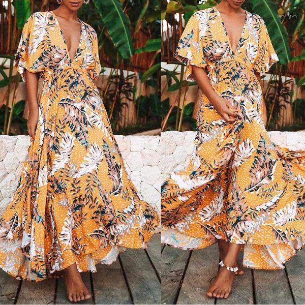 

2020 fashion women dress summer bohemian floral print vintage elegant v neck loose lady blackless long dress l421, Black;gray