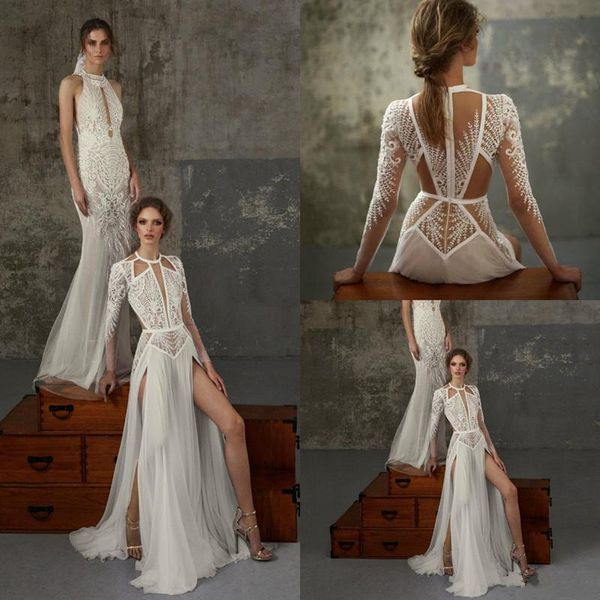 

lior charchy bohemian wedding dresses lace appliques side split beads beach wedding dress a line long sleeve robe de mariée boho, White