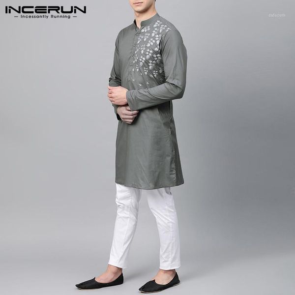 

men fashion muslim kaftan shirts casual long sleeve v neck dresses shirt man printing stand collar abaya dubai camisas 5xl1, Red