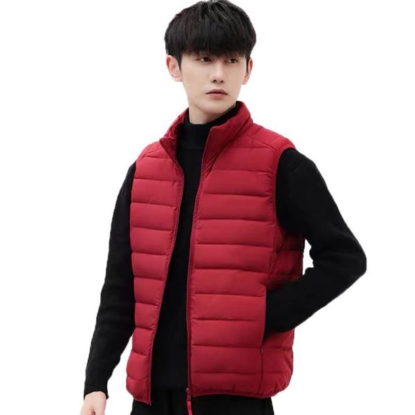 

double layer seam men's waistcoat 2020 korean new light jacket 90 white duck down shoulder stand collar short vest, Black;white