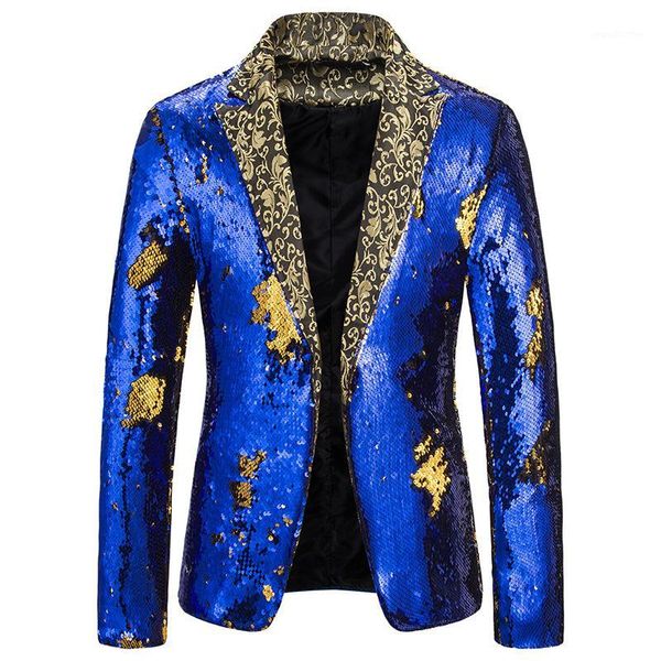 

men's suits & blazers mens shiny blue gold flipping sequins dress dj nightclub blazer jacket men slim fit single button stage singers c, White;black