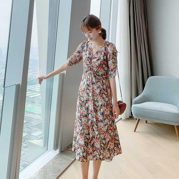 

vintage v-neck boho women dress female summer short sleeve high waist a-line chiffon print floral elegant dresses vestidos, White;black