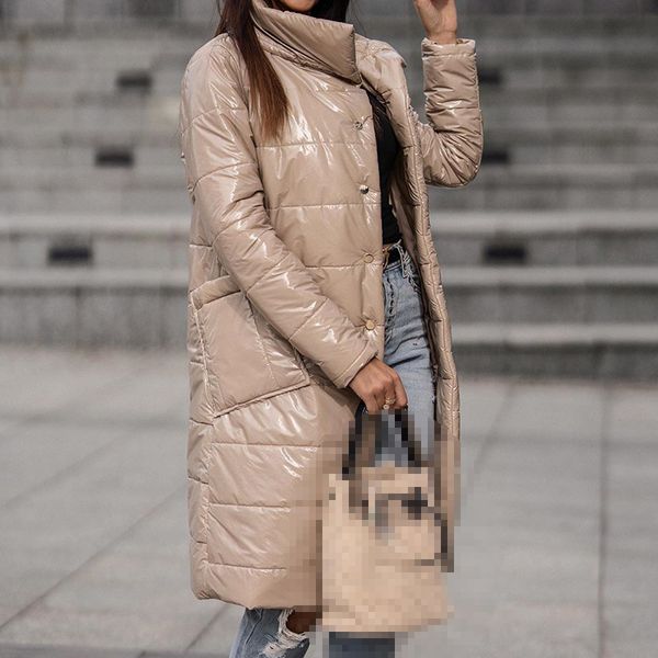 

malina turn down collar shiny parkas women fashion single breasted coats women elegant long cotton jackets female ladies jmx1016, Black;brown