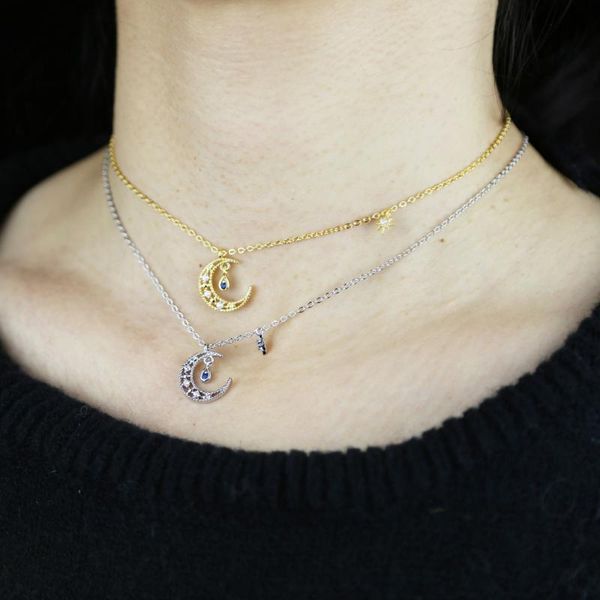 

chokers wholesale fashion trendy crescent moon charm pendant necklace with cz paved star choker jewelry for women lady wedding, Golden;silver