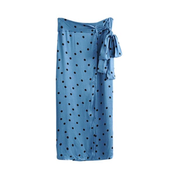 

women chic dots print blue wrap skirts bow tie sashes split female casual straight mid calf skirts ffzbq41, Black