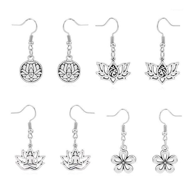 

1 pair tibetan silver lotus flower om aum yoga charms pendants earring women jewellery hook earring1