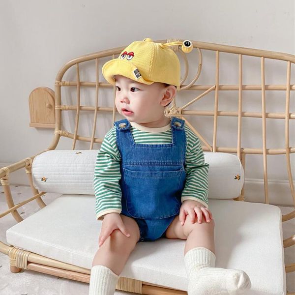 

2021 spring new baby clothing toddler boys denim bodysuits sleeveless girls jumpsuit kids overalls infant outfit 9fa3, Blue