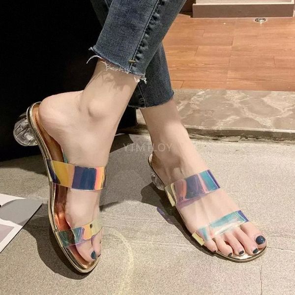 

summer women slippers ladies transparent pvc colorful bling slides outdoor beac thick heels zapatillas mujer casa #ci6t