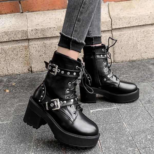 

boots punk style platform women ankle fashion rivet double buckle high heels shoes woman black leather motorcycle boots1