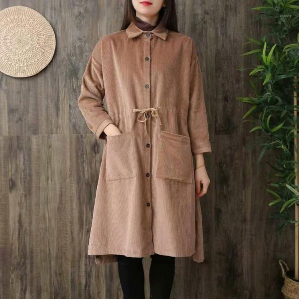 

plus size corduroy cotton pockets line waist women long shirts coats 2020 new spring autumn casual ladies coats female 1, Tan;black