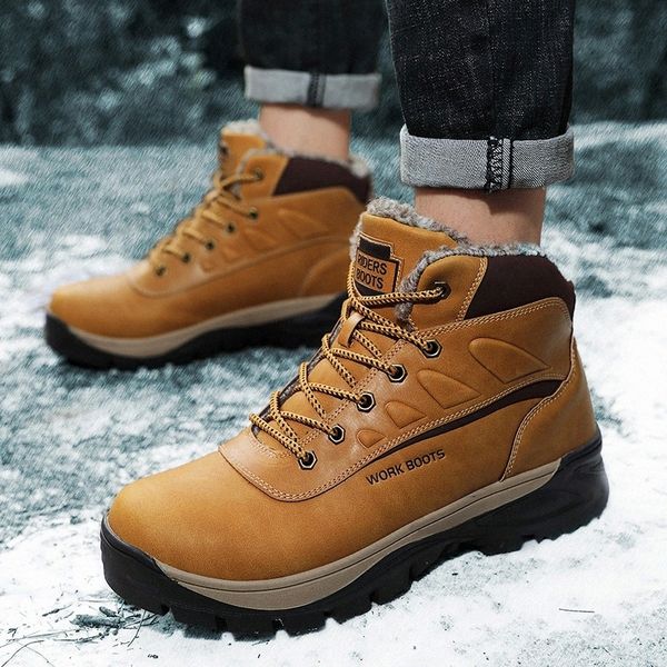 

leather men boots winter with fur warm snow boots men winter work casual shoes lace up sneakers high rubber ankle boots #ij4m