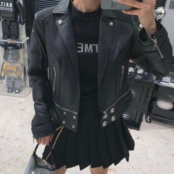 

women's leather & faux locomotive garment brief paragraph cultivate one's morality man jacket lapels1, Black