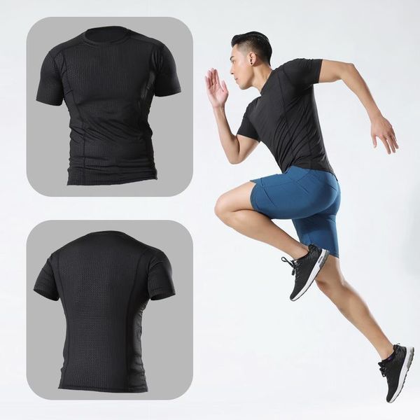 

solid color fitness quick-drying short-sleeved men's slim muscle training stretch sweat-absorbent breathable running sweatshirt, Gray;blue