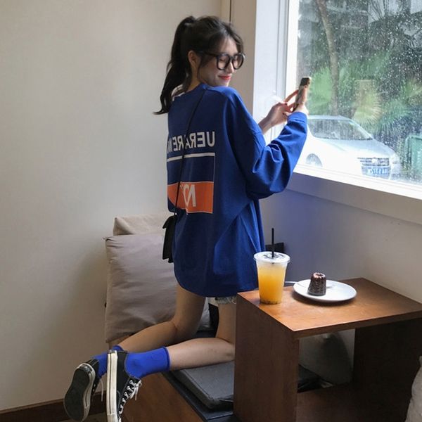 

10gws women's spring style coat t-shirt autumn new korean and loose mid-length versatile long-sleeved printed t-shirt sweater 2020 fash, Black