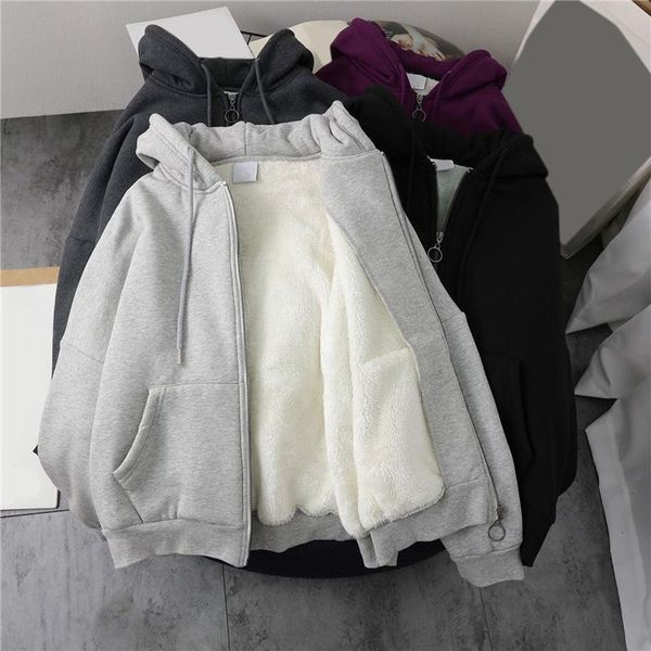 

women winter hoodies coat causal basic warm thick fleece zip-up pockets solid grey black female hooded coat outerwear plus size