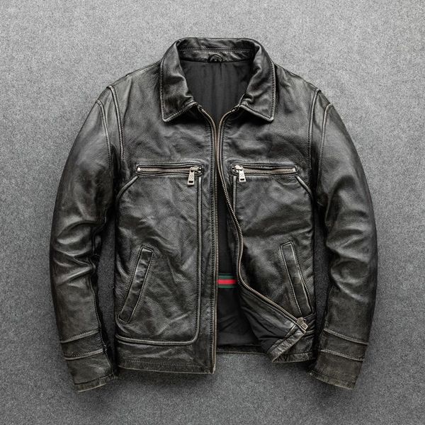 

gu.seemio vintage men leather jackets cowhide motorcycle genuine leather motor biker clothing distressed leather coat 201119, Black