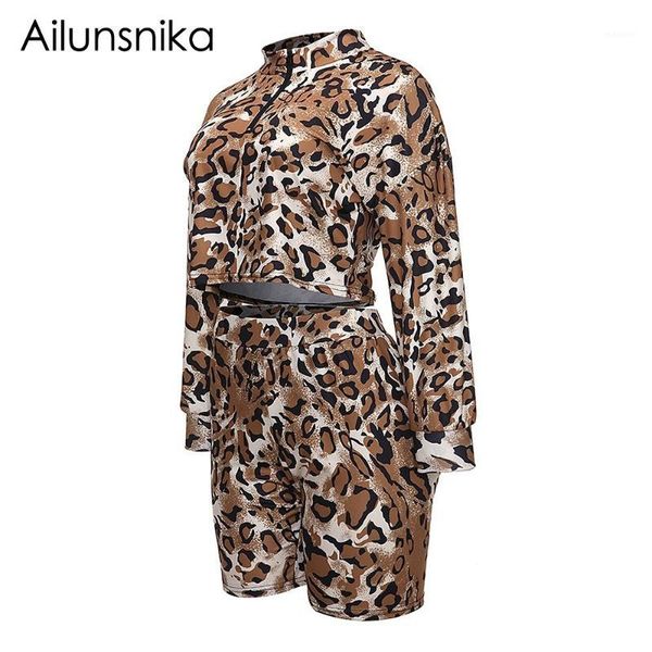 

ailunsnika 2018 women o-neck long sleeve leopard print zip detail shirt and short high waist club pant two sets mn82961, Gray