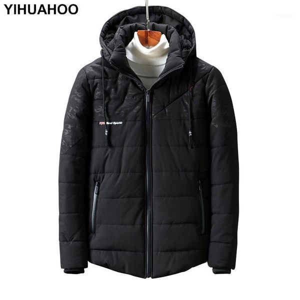 

yihuahoo winter jacket men 7xl 8xl cotton letter printed warm parka coat casual fur hooded fleece male jacket windbreaker men1, Black