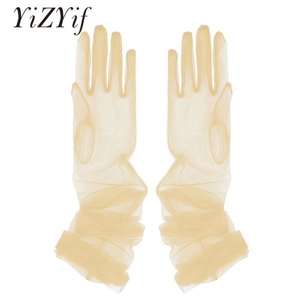 

yizyif women sheer tulle transparent full finger elbow mittens party pgraphy accessory long gloves, Blue;gray