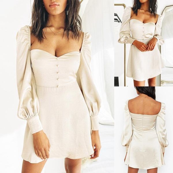 

women square neck high waist satin mini dress long sleeve solid color party club short dress1, Black;gray