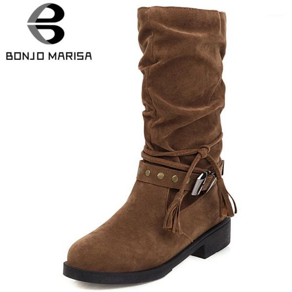 

bonjomarisa new ladies elegant pleated mid-calf boots concise decorating boots women comfy low chunky heels women shoes1, Black