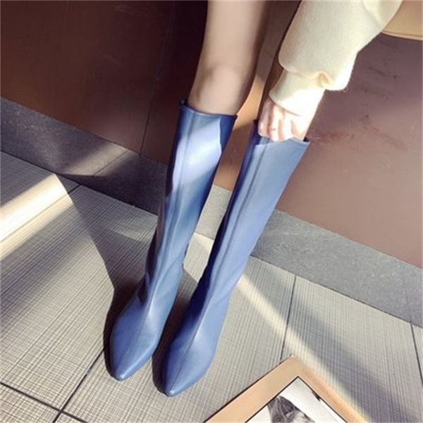

new autumn 2021 female toe-pointy leather shoes at knee height high heels fashionable rider orange boots yjak, Black