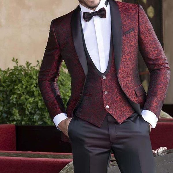 

floral jacquard wedding tuxedo for groomsmen 3 piece men suits set jacket vest with black pants shawl lapel male fashion clothes, White;black