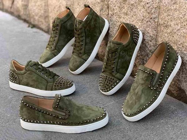 

with box] army green suede leather fashion shoes red bottom low sneakers flats,red soles for men / women sneakers party designs shoes, Black