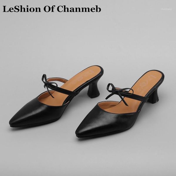 

sweet bowtie mules women black nude pu leather slip ons high heels pumps woman bigger size 43 44 45 46 slippers summer shoes new1