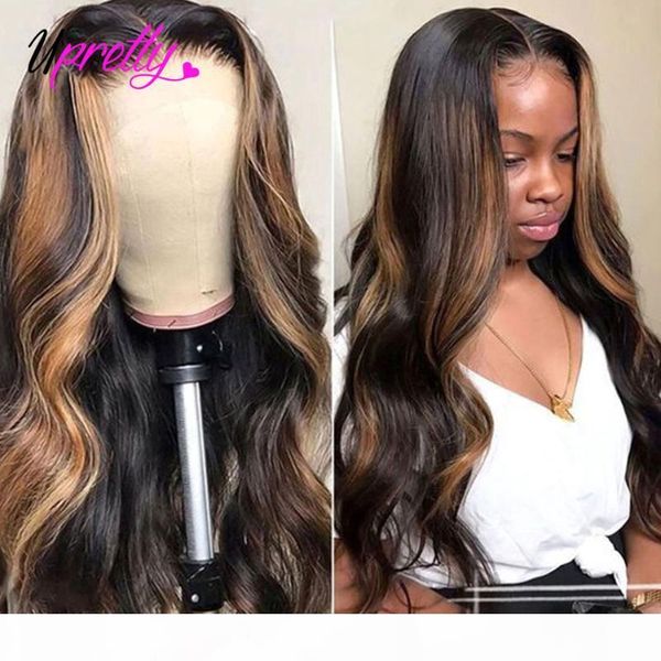 

highlight colored human hair wigs pre plucked lace front human hair wigs for black women ombre body wave 13x4 lace frontal wig, Black;brown