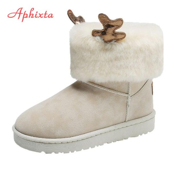 

aphixta antler decoration warm winter snow boots for women platform winter furry shoes warm chunky sole ankle boots woman, Black