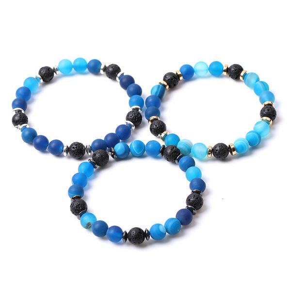 8mm fosco fosco tarja azul ágata pedra grânulos hematite lava pedra costa pulseiras para as mulheres homens yoga buddha energia jóias