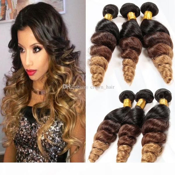 

new arrival #1b 4 27 hair extensions loose curly ombre human hair weaves 3pcs lot brazilian loose wave 3 tone hair weaves, Black