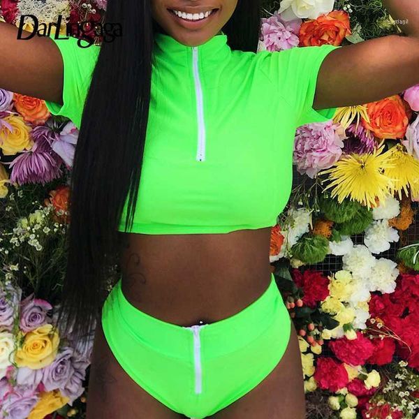 

darlingaga summer fluorescent green tracksuit women crop shorts two piece set swimwear sportswear zipper matching sets11, White