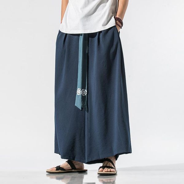 

new male vintage streetwear kimono skirt pants men summer belt cotton linen loose casual thin wide leg pant1, Black
