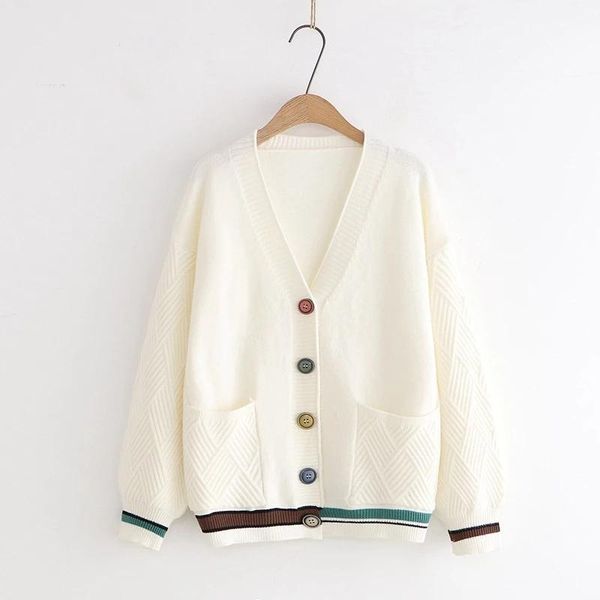 

single-breasted cardigan knitted sweater women fashion loose striped pockets v-neck long-sleeved sweater women spring, White