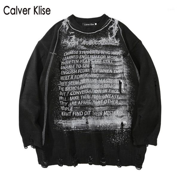 

men's sweaters calver klise letter graffiti print sweater retro hip hop hole knitted pullover streetwear mens harajuku oversize knitwea, White;black