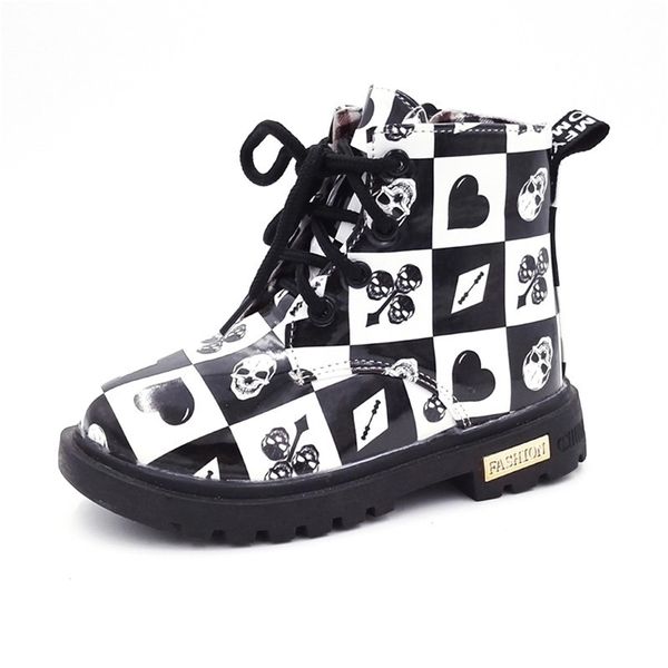 comodi bambini neve quadrati in bianco e nero stivali per le ragazze dei ragazzi moda in pelle Reticolo impermeabile Martin scarpe di gomma per bambini stivali LJ201029