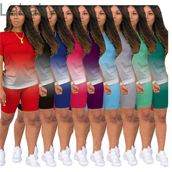 Gradient Womans Couscuits дизайнер Двухструктурные брюки набор повседневные спорты с коротким рукавом футболки Biker Shorts Sports Sportswear Plus размер