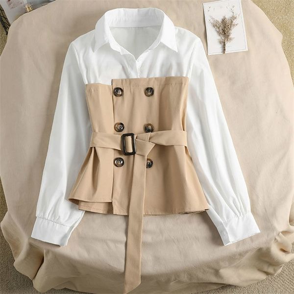 Neploe Autumn Fake Two Piece Shirt двубортный с поясом тонкая корейская блузка лоскутный пуловер Blusas Top 220307