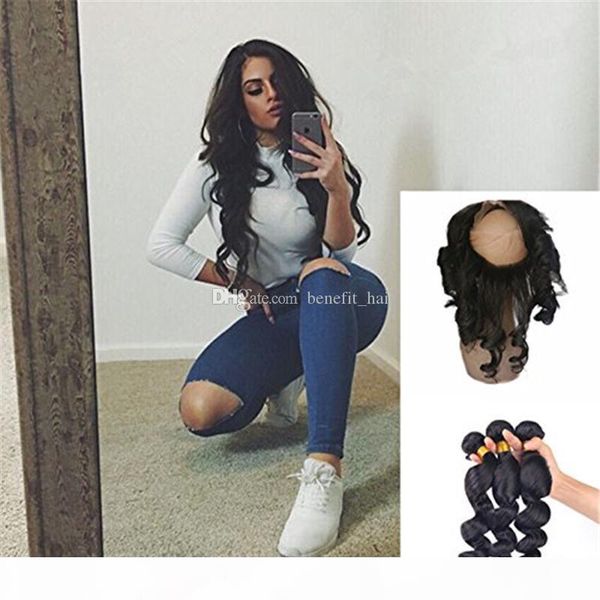 

loose curly hair weft with 360 frontal 22.5x4x2 pre plucked 360 frontal with hair weaves 3 bundles, Black;brown