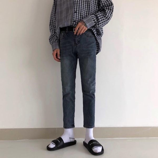 

male japan korea streetwear hip hop denim pencil trousers jeans men vintage fashion casual slim fit ankle length denim pants1, Blue