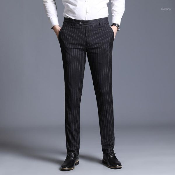 

29-38 streetwear formal dress pants men fashion pocket side office trousers men stretch striped wedding pant for business man1, White;black