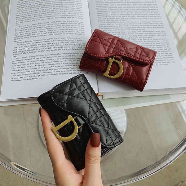 

2022 factory wholesale small women's short korean lingge embroidered thread folding multi position buckle card bag zero wallet, Red;black