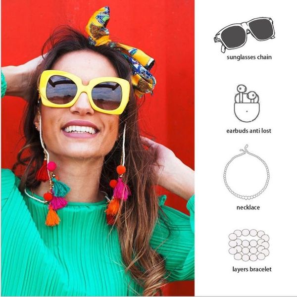 

bohemian tassel glasses chain women sunglasses accessories multifunction anti-lost headset mask lanyard hold straps, Silver