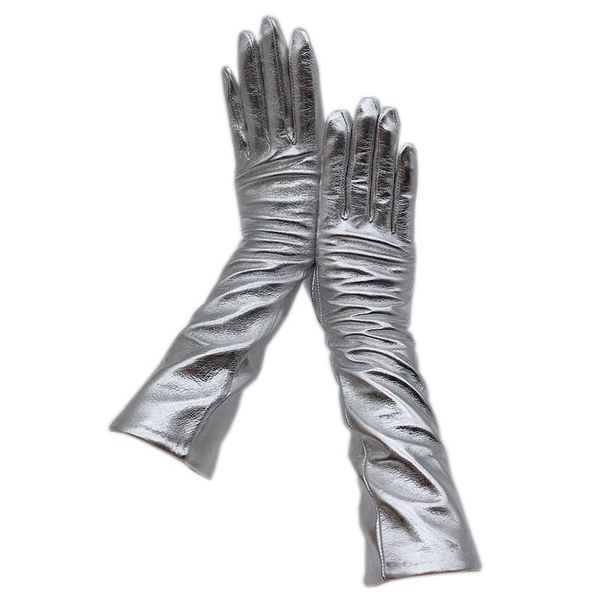 

leather gloves 2020 new silver sheepskin ladies leather arm sleeves long fashion winter gloves warm comfortable, Blue;gray