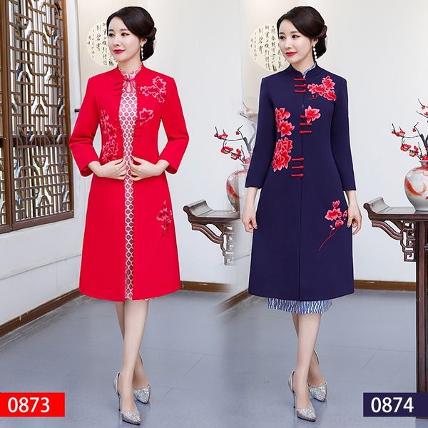 

m97ub elephant skin st women's middle school long embroidery nationalitystyle nationalityembroidery overcoat cheongsam chinese coat nat, Black;gray