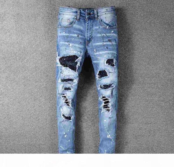 

tide pleated hole slim feet slightly elastic mens pants stretch slim jeans fashion brand trousers, Blue