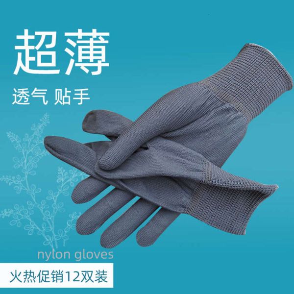 

women' 12 pairs of men' and elastic thin gloves short grey dirty resistant breathable nylon yarn driving work gloves, Blue;gray