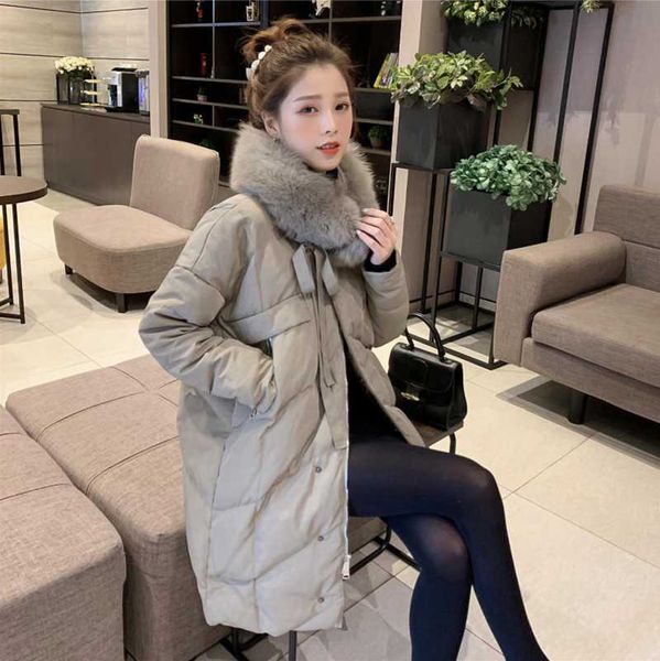 

2020 new style winter down jacket over knee medium and long style loose women coat white wool collar fashion lady clothes, Black